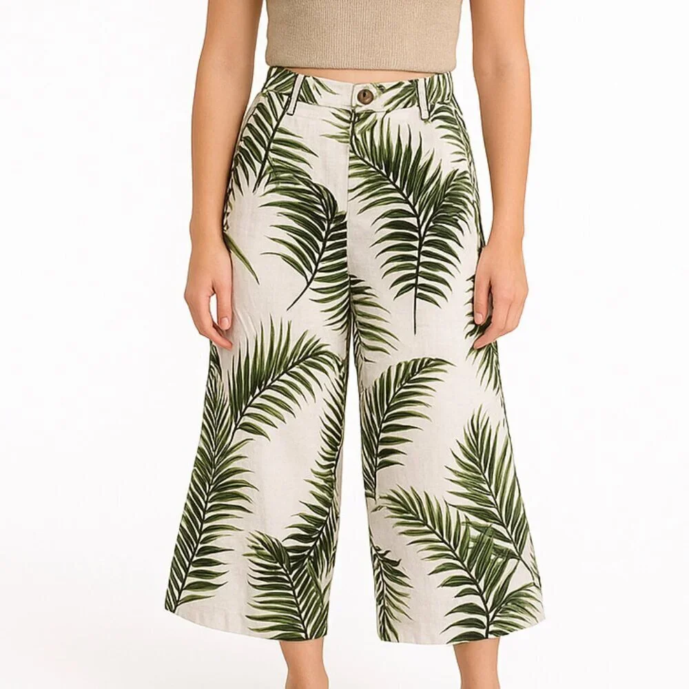 Palm Print Extra Wide Leg Linen Trousers Tropical Resort Boho Cropped Pants Sz 6
